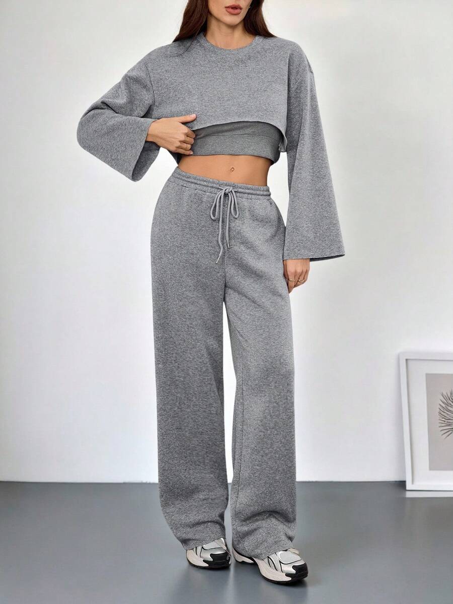 SHEIN Tall 2025 新款休闲基本款纯色长袖短款上衣、吊带背心和阔腿裤三件套女装 - 深灰色 - 查看 1