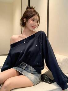 DAZY 女士不对称肩部闪亮水钻卫衣，藏蓝色，带保暖内衬，适合秋季、冬季、新年、圣诞派对穿着 - 藏蓝色 - 查看 10