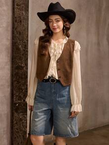 SHEIN Wildara 休闲乡村风女式无袖铆钉复古背心，日常百搭，春夏秋冬皆宜 - 咖啡棕 - 查看 3