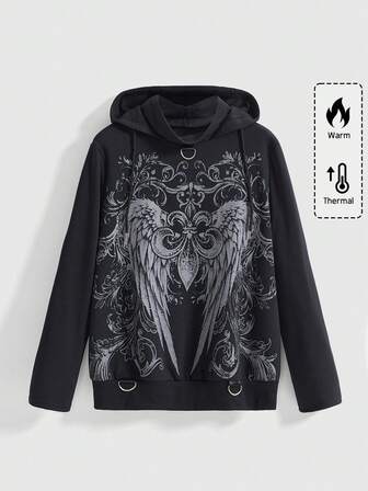 Große Größen Gothic Retro Sweatshirt mit Strass-Verzierung in Schwarz, Große Größen Gothic Street Style Sweatshirt mit Iris-Flügel-Muster und Strass-Verzierung in Schwarz für Damen, Große Größen Damen Schwarz Hoodie Sweatshirt Top für Herbst/Winter