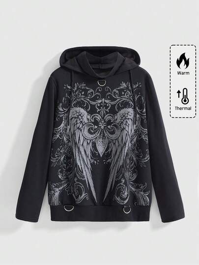 Plus Size Gothic Retro Rhinestone Embellished Black Hoodie Sweatshirt, Plus Size Gothic Street Style Iris Wing Print Rhinestone Embellished Black Casual Hoodie Sweatshirt For Women, Plus Size Women Black Hoodie Sweatshirt Top For Autumn/Winter