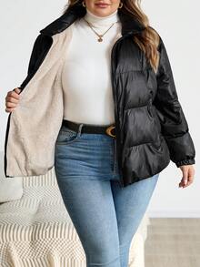 SHEIN CURVE+ Große Damen Reißverschluss Kapuzen Jacke mit Polsterung für Herbst und Winter, dick