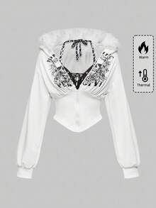 ROMWE Grunge Punk 十字架吊坠和朋克骷髅印花二合一豹纹拼接修身女式卫衣 - 白色 - 查看 1