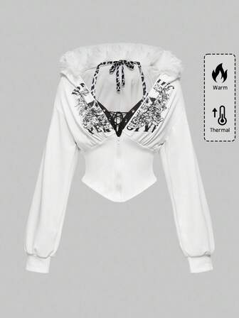 Grunge Punk Cross Pendant & Punk Skull Print 2 In 1 Leopard Patchwork Slim Fit Women Sweatshirt