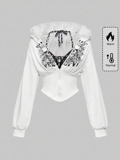 Grunge Punk Felpa da donna aderente con stampa a croce e teschio punk in 2 in 1, con inserti in stampa leopardata