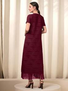 Modelyn Fringe Hem Solid Dress Maxi Women Outfit - Burgundy - View 2