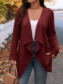 SHEIN LUNE Große Größen Winter Mode Unregelmäßiger Kragen Design Lange Strick Strickjacke für Ausgehen und Arbeit