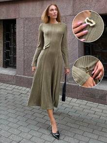 Pariaura Women's Solid Color Metal Decor Round Neck Long Sleeve Ribbed Casual Dress, Autumn - Army Green - View 1