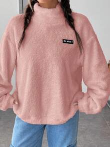 SHEIN EZwear Áo nỉ lông cừu mềm mại cổ cao vai rớt, cỡ lớn, màu hồng nhạt, thêu chữ hình củ sen, thích hợp cho mùa Thu/Đông, Giáng sinh, Năm mới, Lễ Tạ ơn, Tiệc tùng, Đám cưới, Đi biển, Lễ tốt nghiệp, Sang trọng, Thanh lịch, Thường ngày, Đi chơi, Hẹn hò, Cuộc hẹn, Đi làm. - Bụi hồng - Xem 3