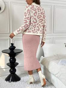 SHEIN Clasi 2 件套女士豹纹纯色高领优雅舒适合身针织毛衣套装，秋冬 - 淺粉色 - 查看 2