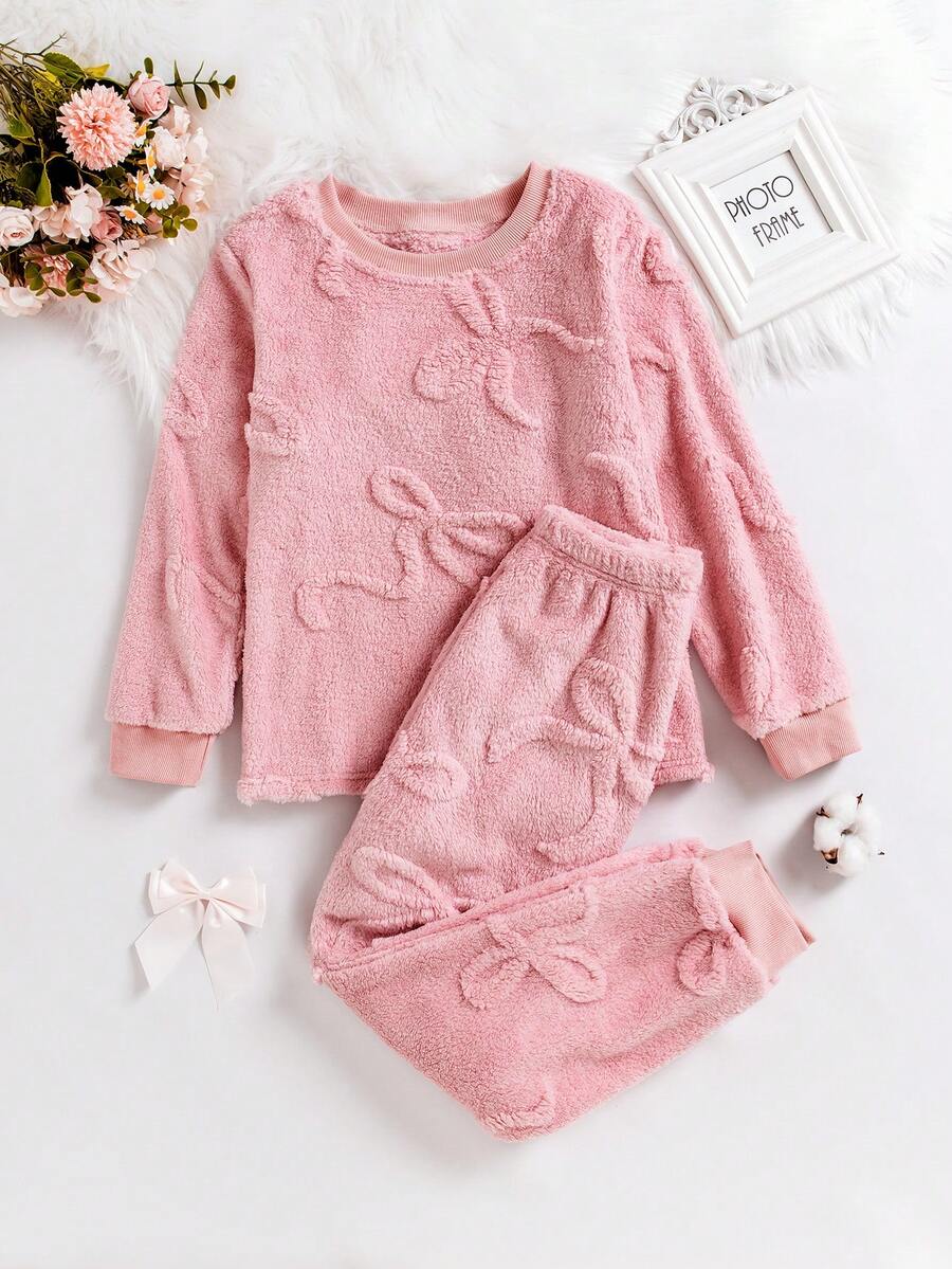 两件套少女加厚粉色蝴蝶结提花长裤长袖休闲家居服套装，面料舒适，适合秋冬季穿着。 - 粉色 - 查看 1