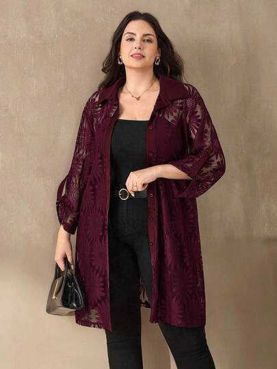 Chikora Plus Size Women's Fashionable Elegant Single-Breasted Lace Long Shirt/Christmas