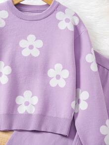 Sparklyn 女童提花针织毛衣和紧身裤两件套，时尚款式，长袖，秋冬 - 紫色 - 查看 4