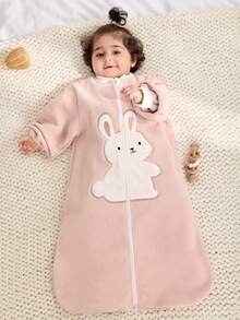 Cozy Pixies 一件式保暖抓绒刺绣大兔子长袖睡袋，适合婴幼儿，秋冬春夏四季穿着 - 暗粉 - 查看 5