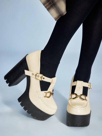 Sugerpunk Tacones gruesos con suela gruesa y correa en T, sexy y elegante para el uso diario. Bombas de tacón alto con hebilla de metal dunicolordo, de moda para primavera/otoño