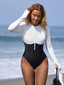 Swim SPRTY 女士夏季圆领长袖拉链连体泳衣，黑白拼接，沙滩度假畅销款连体泳衣，款式多样，包括保守款、长袖款、防晒款、修身款等。 - 黑與白 - 查看 7