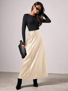 COSMINA 女士优雅透气纯色长款PU裙，秋冬款 - 卡其色 - 查看 4