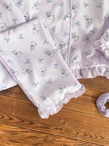 SHEIN 3件套女童柔软顺滑睡衣套装，时尚可爱猫咪蝴蝶结印花袖口、下摆、领口撞色荷叶边长袖开衫和长裤，含眼罩，睡衣 - 紫色 - 查看 8