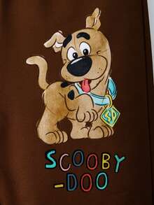 SCOOBY-DOO X SHEIN Bộ đồ thể thao dài tay in chữ và hình chú chó con hoạt hình cho bé trai và quần nỉ màu nâu - Màu Khaki - Xem 6
