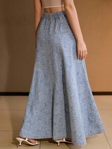 MOTF PREMIUM 牛仔布印花喇叭长裙，春夏秋季款 - 藍色 - 查看 3