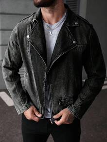 Manfinity LEGND 男士中蓝色成熟街头风牛仔长袖夹克，带领子和拉链 - 深灰色 - 查看 3