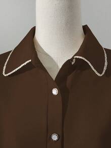 Franclia 优雅修身翻领褶裥前襟纽扣长袖卡其色女式衬衫，春秋季 - 棕色 - 查看 5