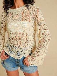 Travachic 女士花卉镂空宽松圆领长袖针织上衣，适合圣诞节、新年、感恩节、优雅冬季、毕业典礼、舞会、奢华晚宴等场合。 - 杏色 - 查看 8