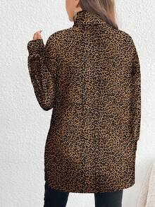 SHEIN CURVE+ Plus Size Leopard Print Casual Turtleneck T-Shirt/Winter - Multicolor - View 7