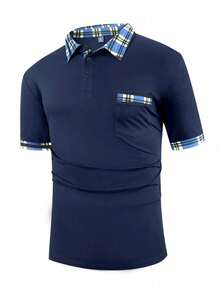 Manfinity Homme Men's Color Block Single Breasted Casual Short Sleeve Polo Shirt For Summer - Navy Blue - View 7