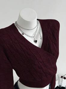 Elamini Women's V-Neck Oblique Placket Belted Slim Fit Long Sleeve Casual Fashionable Knit Sweater, Autumn/Winter - Red Violet - View 3