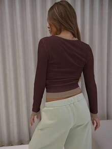 MUSERA Ribbed Long Sleeve Layered Top Classy Cute Sexy Streetwear Fall Autumn Night Out Winter Spring Summer - Chocolate Brown - View 2