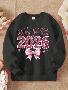 2026年新款少女爱心蝴蝶结图案套头卫衣，休闲时尚，适合新年氛围，舒适百搭。 - 黑色 - 查看 3