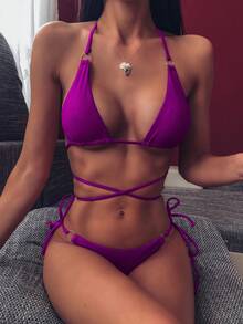Swim SXY Summer Beach Solid Bikini Set Criss Cross Triangle & Tie Side Bottom 2 Piece Bathing Suit