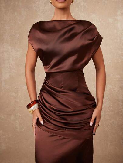 Lumalex VITNOS Elegante High End New Deep Rust Bruin Satijnen Pleated Dress, Chocolate 's Eve Outfit Women, mal Dresses Verleidelijke Vacation Holiday Semi Fall Luxe Dress able This Outfit, Gala Night, Chic Looks Of Weekend Glamour Work Delicate Romance, Enchanted Romance Gown, Draped Business Prom Graduation Dates, Going Out, Night Weddings, Holiday, Vacation, Birthday, Commute view 8