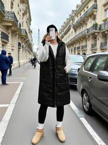 SHEIN Clasi Abrigo con capucha sin mangas hasta la rodilla con relleno y bolsillos para mujer talla grande - Negro - Ver 8