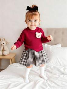 SHEIN Baby Girl Bear Decor Round Neck Long Sleeve Casual Jacket Set Baby Set Autumn Winter Season