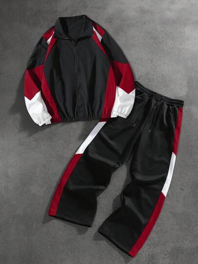 Manfinity Homme 男士撞色拼接插肩袖拉链休闲宽松外套套装 男士街头服饰套装 男士健身服 男士运动套装 男士慢跑服