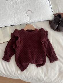 SHEIN Explorewe 可爱甜美荷叶边下摆纯色针织毛衣，适合小女孩穿着，百搭日常，秋冬季女童服装。可爱复古风毛衣，酒红色毛衣，荷叶边毛衣，女童针织毛衣，秋冬季女童服装，春秋季可爱服装，适合小女孩的秋冬季服装，女童服装，秋冬季女童毛衣，秋冬季女童服装，秋冬季女童套头衫 - 棕色 - 查看 1