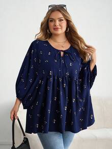 SHEIN CURVE+ 大码女式时尚休闲印花抽绳领T恤 - 藏蓝色 - 查看 7