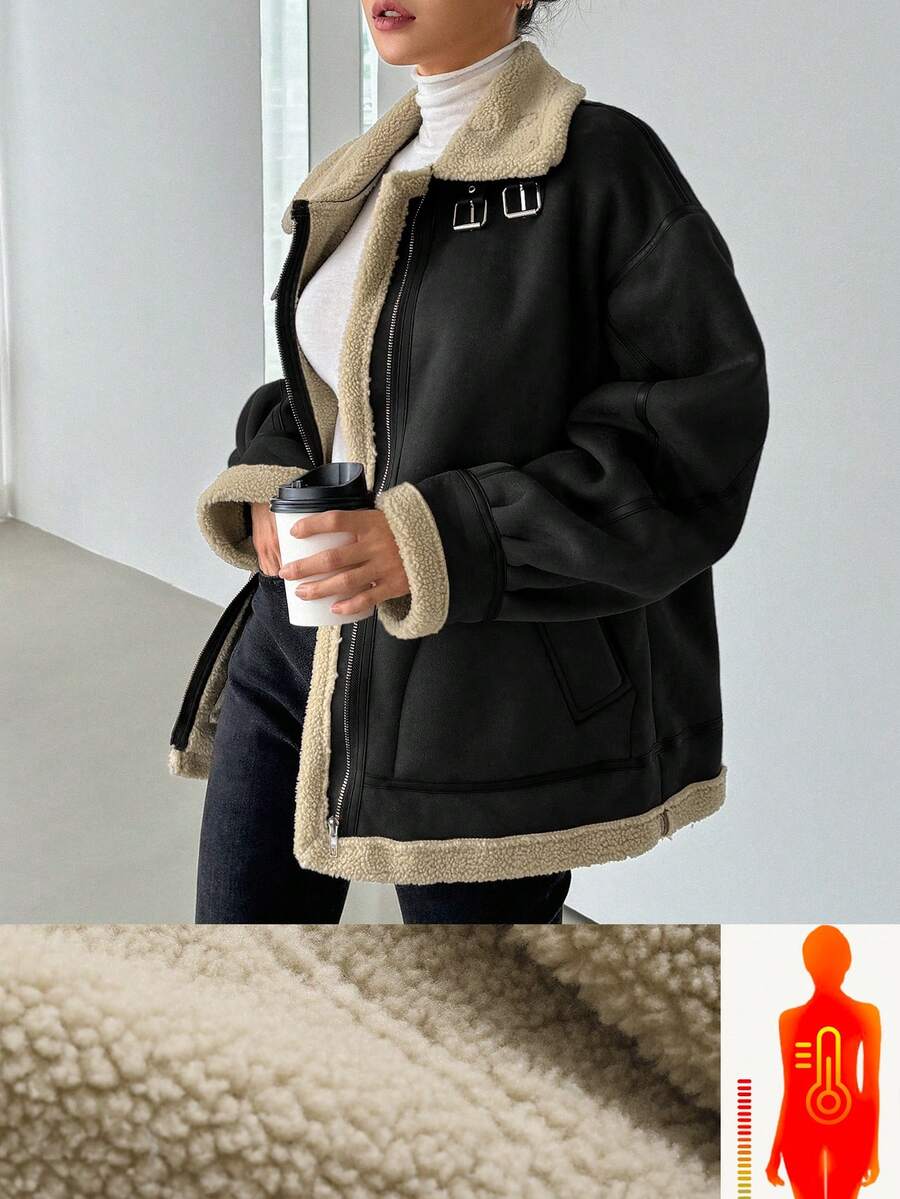 DAZY 女士仿麂皮加厚常规款夹克，冬季女式外套 - 黑色 - 查看 1