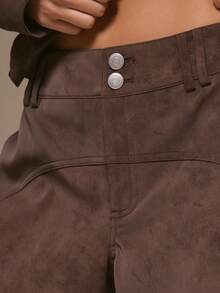 MUSERA Suedette Seam Detail Wide Jean Trousers Cool Girl, Streetstyle, Cute, Fall, Autumn, - Coffee Brown - View 7