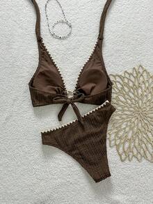 Swim Basics Spring/Summer Coffee Brown Special Fabric Gold Accessory Shell Crafted Tie-Up Backless Triangle Bikini Set, Mature Women Style - Coffee Brown - View 8
