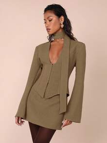 COSMINA Women's Solid Color Long Sleeve Front Button Jacket And Midi Skirt 2-Piece Set,  Blazer Skirt Set,  Front Tie Dress,  Suit Dress - Brown - View 3