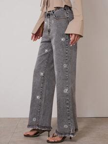 COSMINA Denim Women's Fashion Rhinestone Frayed Pocket Denim Jeans - Grey - View 7