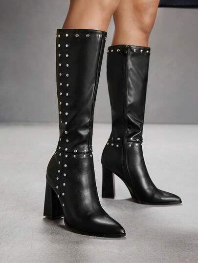 CUCCOO SZL Women's Personalized Rivet Decor Pointed Toe Chunky Heel Tall Boots, Stylish For Daily Commute, Shopping, Party, Halloween, Christmas