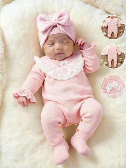 Pelele de punto rosa para recién nacido, cuello redondo de manga larga + puño con volantes, decoración de lazo de encaje, dulce y de moda