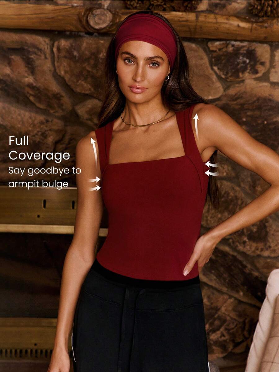 GLOWMODE FeatherFit™ Full Underarm Hip Length Square Neck Basic Tank Top Low Impact Yoga Pilates Studio Daily Removable Cups  Spring Summer - Burgundy - View 1
