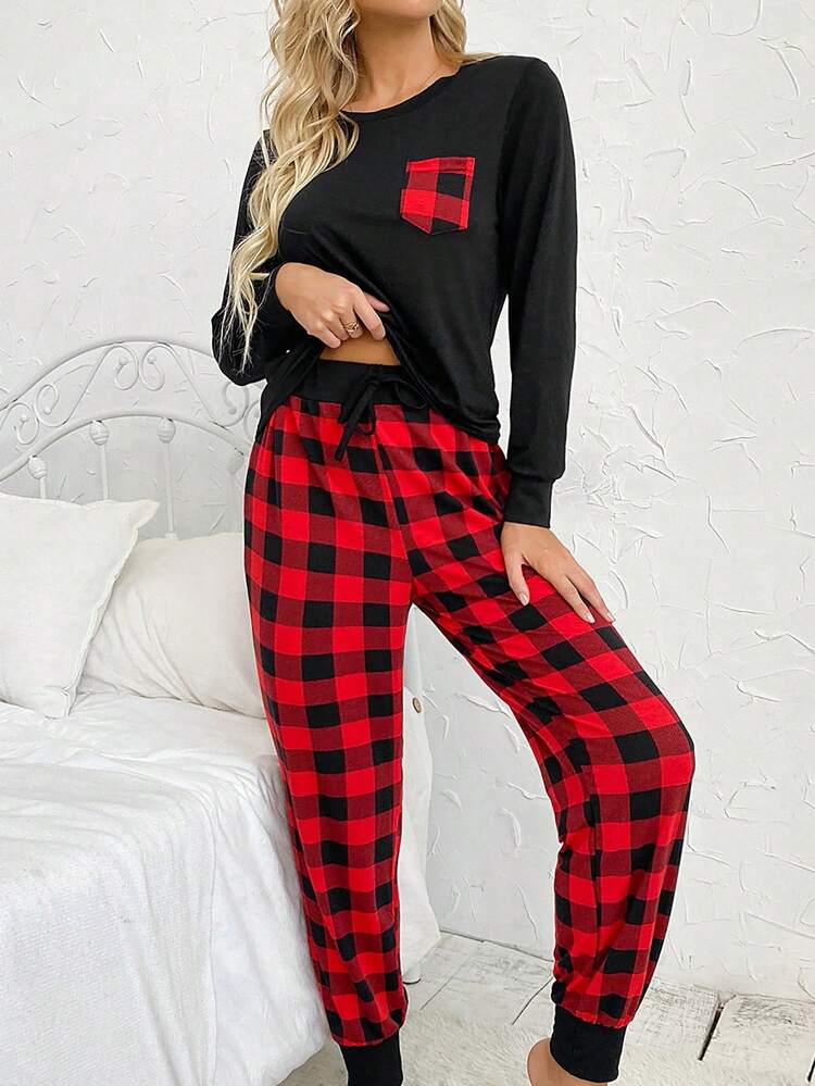 Women's Plaid Pocket Round Neck Long Sleeve Top And Pants Pajama Set, Winter Clothes