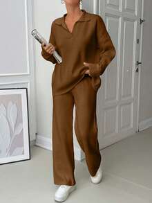 EURMUSE Woman Loose Fit Comfy Warm Thick Polo Neck Sweater And Pants Co-Ords Two Pieces Set - Camel - View 3