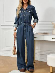 EMERY ROSE 女士袖口纽扣半开襟休闲牛仔连体裤阔腿裤